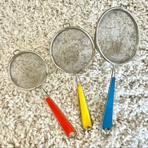 Vintage - 3 Colorful Bakelite Kitchen Metal Mesh Strainers